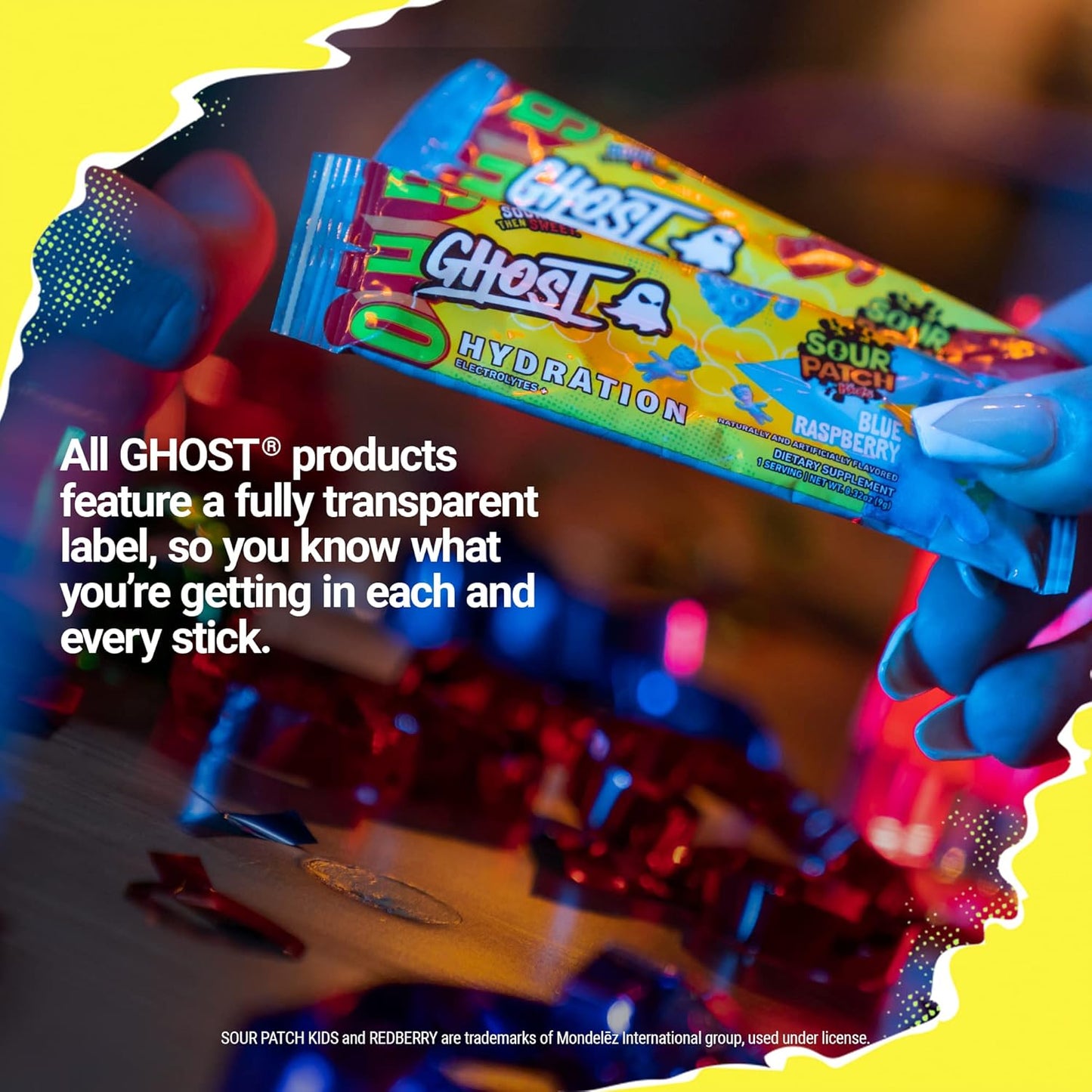 Sour Patch Kids Blue Raspberry Electrolyte Powder Sticks - 24 Packets, GHOST Hydration Mix with Magnesium, Potassium, Calcium, Vitamin C - Vegan & Gluten-Free