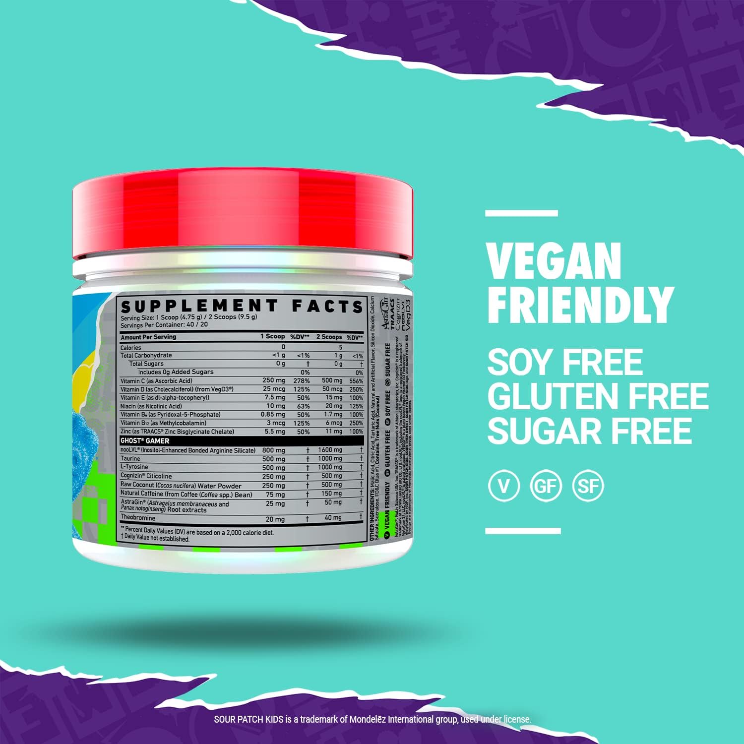 Sour Patch Kids Blue Raspberry Energy and Focus Nootropic Formula - 40 Servings, Vegan & Gluten-Free - Boost Attention & Reaction Time