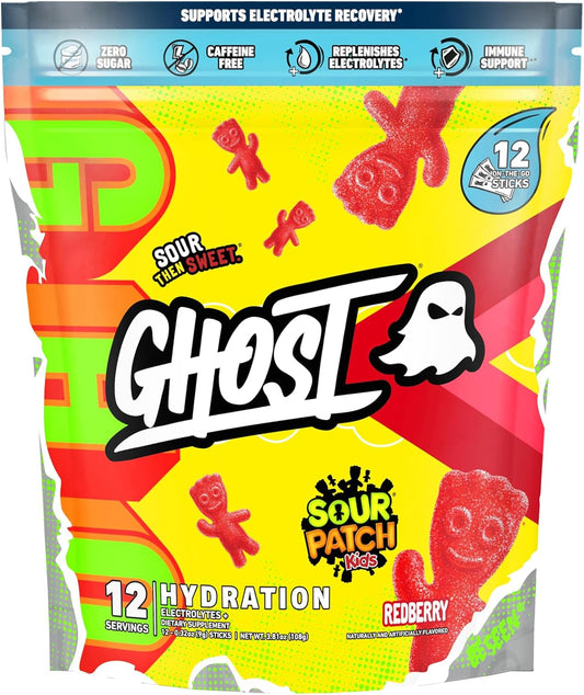 Sour Patch Kids Redberry Electrolyte Powder Drink Mix - GHOST Hydration Packets, 12 Sticks, Vegan & Gluten-Free