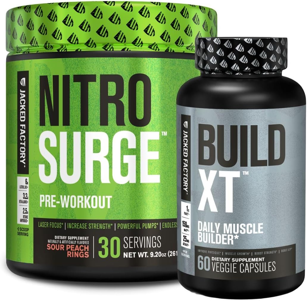 Sour Peach Rings Nitrosurge Pre-Workout & Build XT Muscle Building Bundle for Men & Women by Jacked Factory