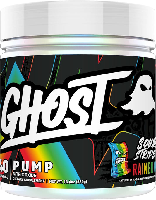 Sour Strips Rainbow GHOST Pump Nitric Oxide Powder - 40 Servings, Sugar-Free Pre-Workout Supplement with L-Citrulline, Arginine Nitrate, and L-Glutathione - Vegan and Gluten-Free