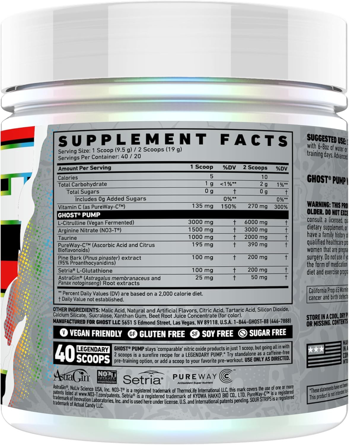 Sour Strips Rainbow GHOST Pump Nitric Oxide Powder - 40 Servings, Sugar-Free Pre-Workout Supplement with L-Citrulline, Arginine Nitrate, and L-Glutathione - Vegan and Gluten-Free