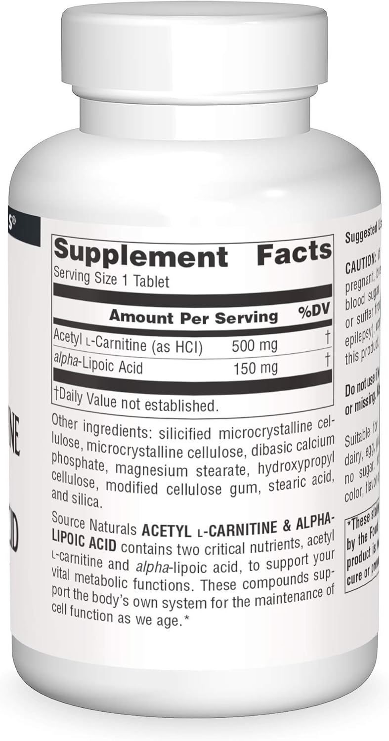 Source Naturals Acetyl L-Carnitine & Alpha-Lipoic Acid 650mg - 120 Tablets for Cognitive Health and Energy Support