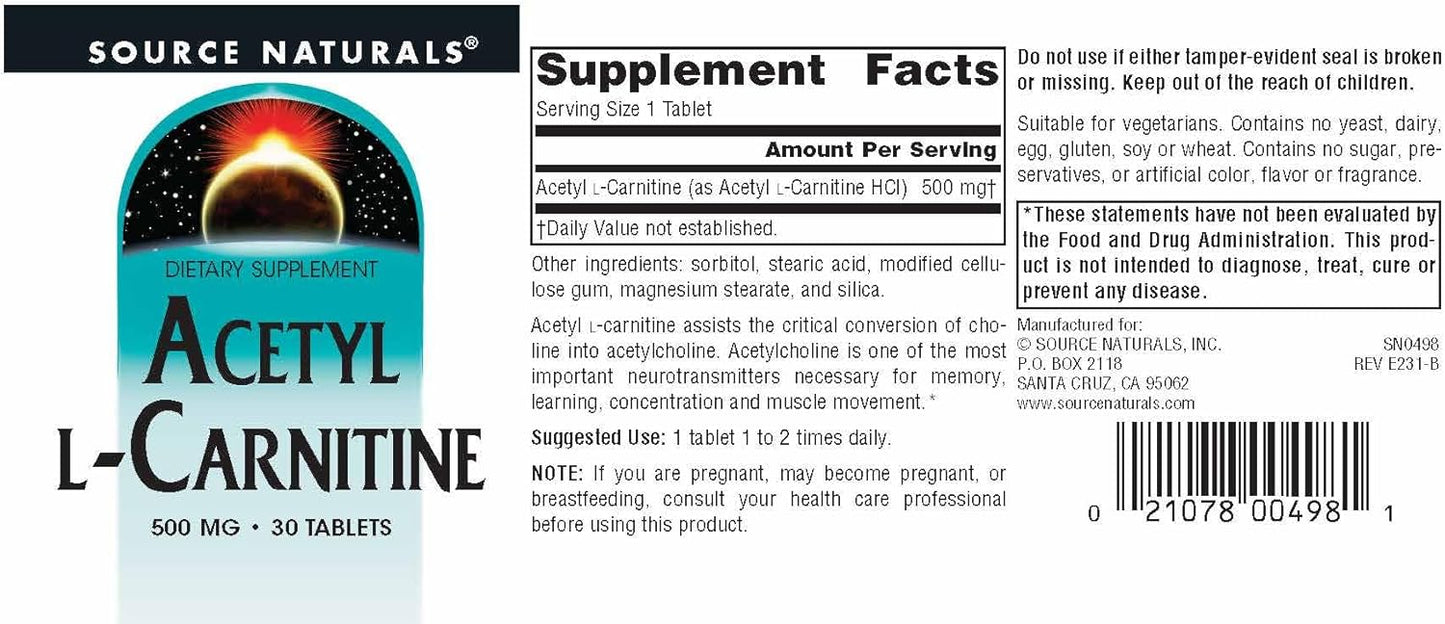 Source Naturals Acetyl L-Carnitine Tablets, 500mg - Supports Cognitive Function - 30 Count
