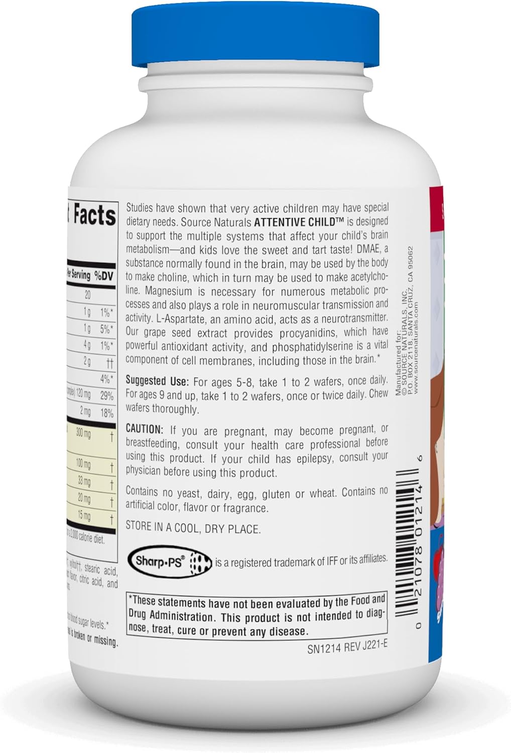 Source Naturals Attentive Child Chewable Wafers - Cognitive Nutrients for Active Kids - Enhanced Focus & Attention with DMAE, Magnesium, Zinc & Grape Seed Extract - 60 Count.