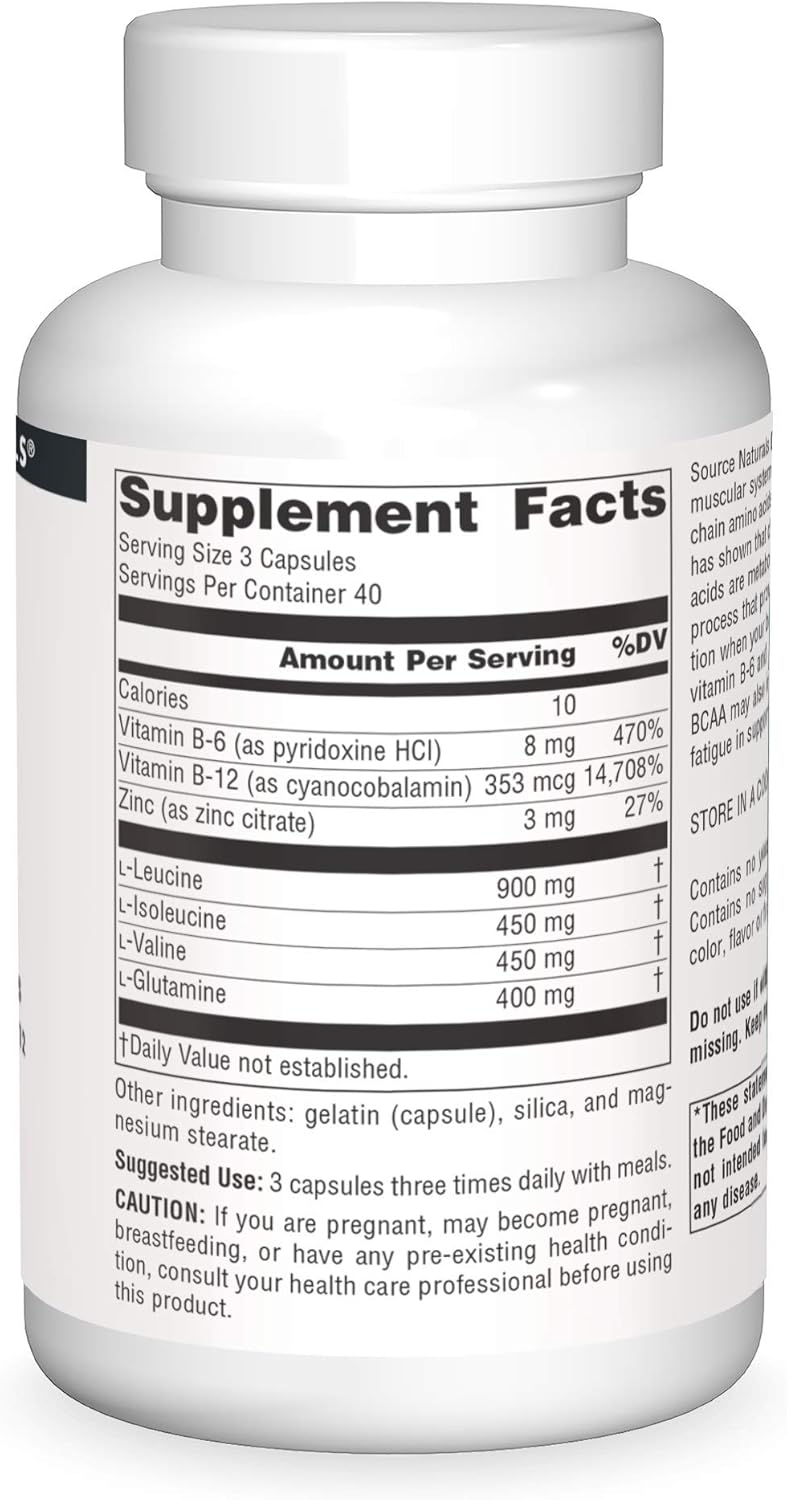 Source Naturals BCAA Capsules with L-Glutamine, Zinc, B-6, and B-12 for Muscle Support - 120 Count