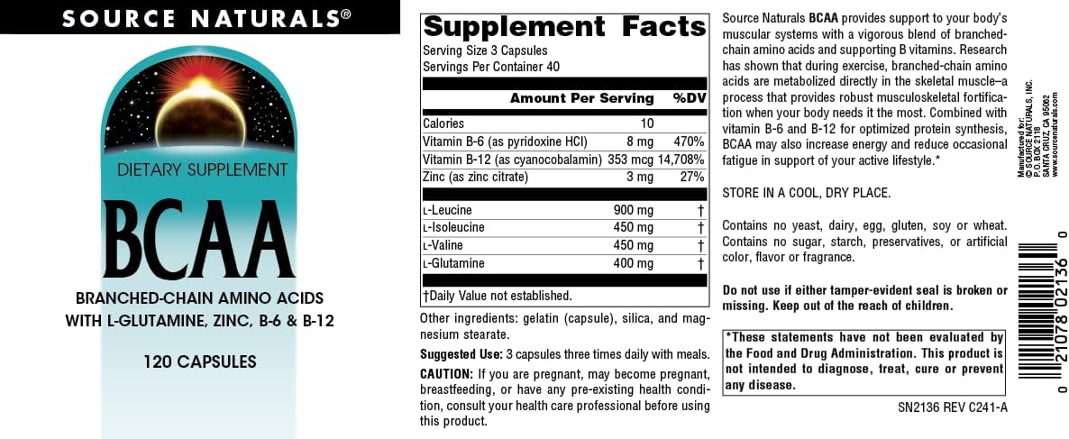 Source Naturals BCAA Capsules with L-Glutamine, Zinc, B-6, and B-12 for Muscle Support - 120 Count