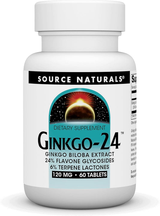 Source Naturals Ginkgo-24: Ginkgo Biloba Extract 120mg for Enhanced Mental Focus - 60 Tablets