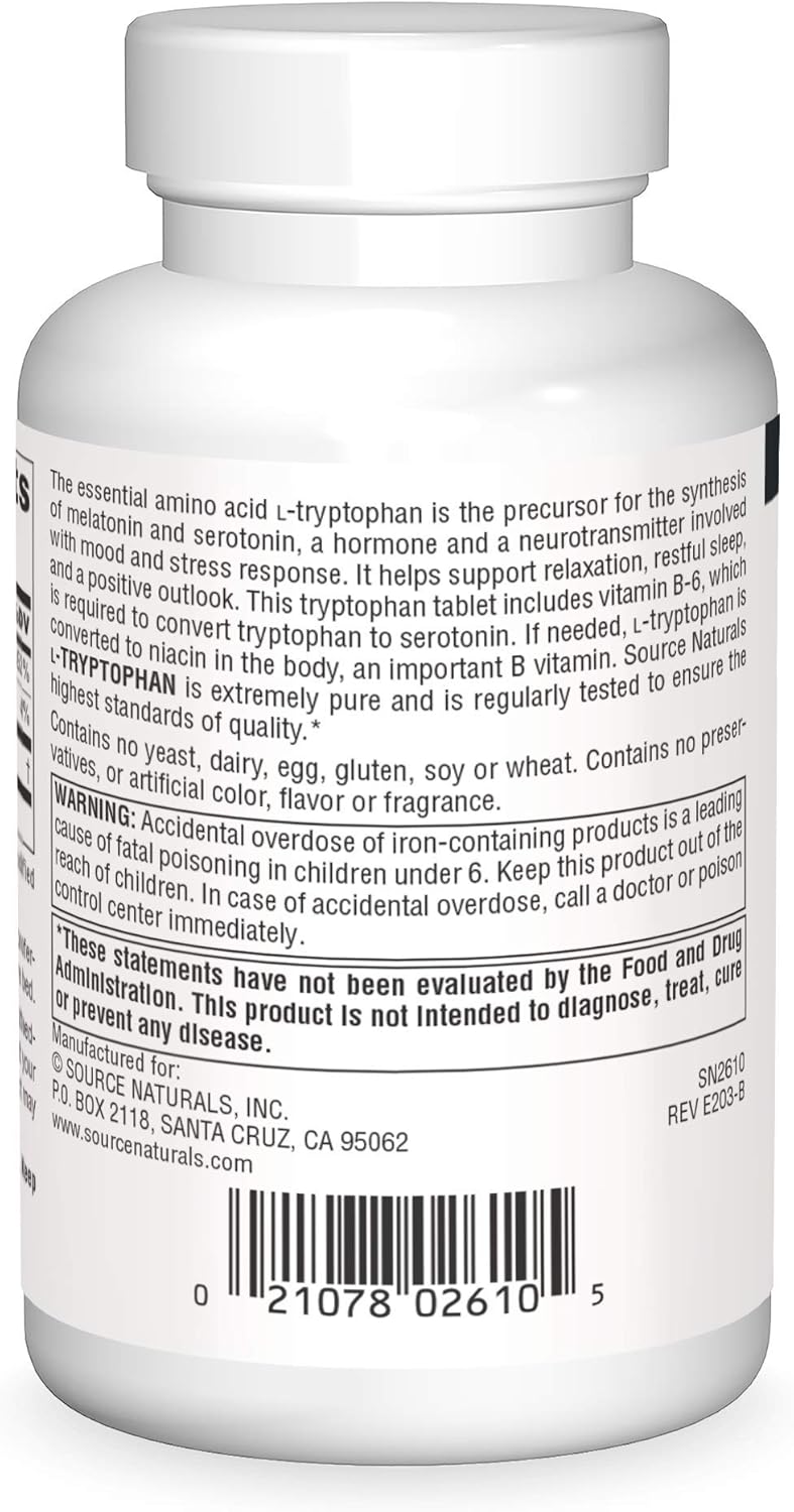 Source Naturals L-Tryptophan 1000mg with Vitamin B-6 - 90 Tablets for Mood, Relaxation, and Sleep Support