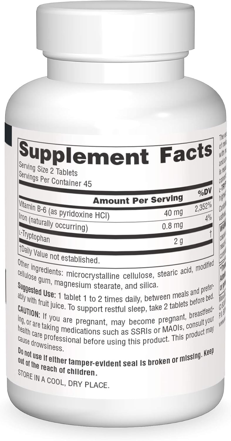 Source Naturals L-Tryptophan 1000mg with Vitamin B-6 - 90 Tablets for Mood, Relaxation, and Sleep Support