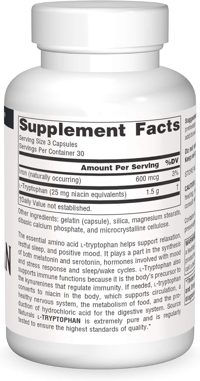 Source Naturals L-Tryptophan Capsules - 500mg, Supports Mood, Relaxation, and Sleep - 90 Count