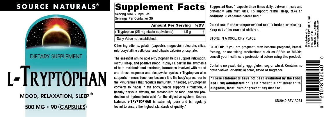 Source Naturals L-Tryptophan Capsules - 500mg, Supports Mood, Relaxation, and Sleep - 90 Count
