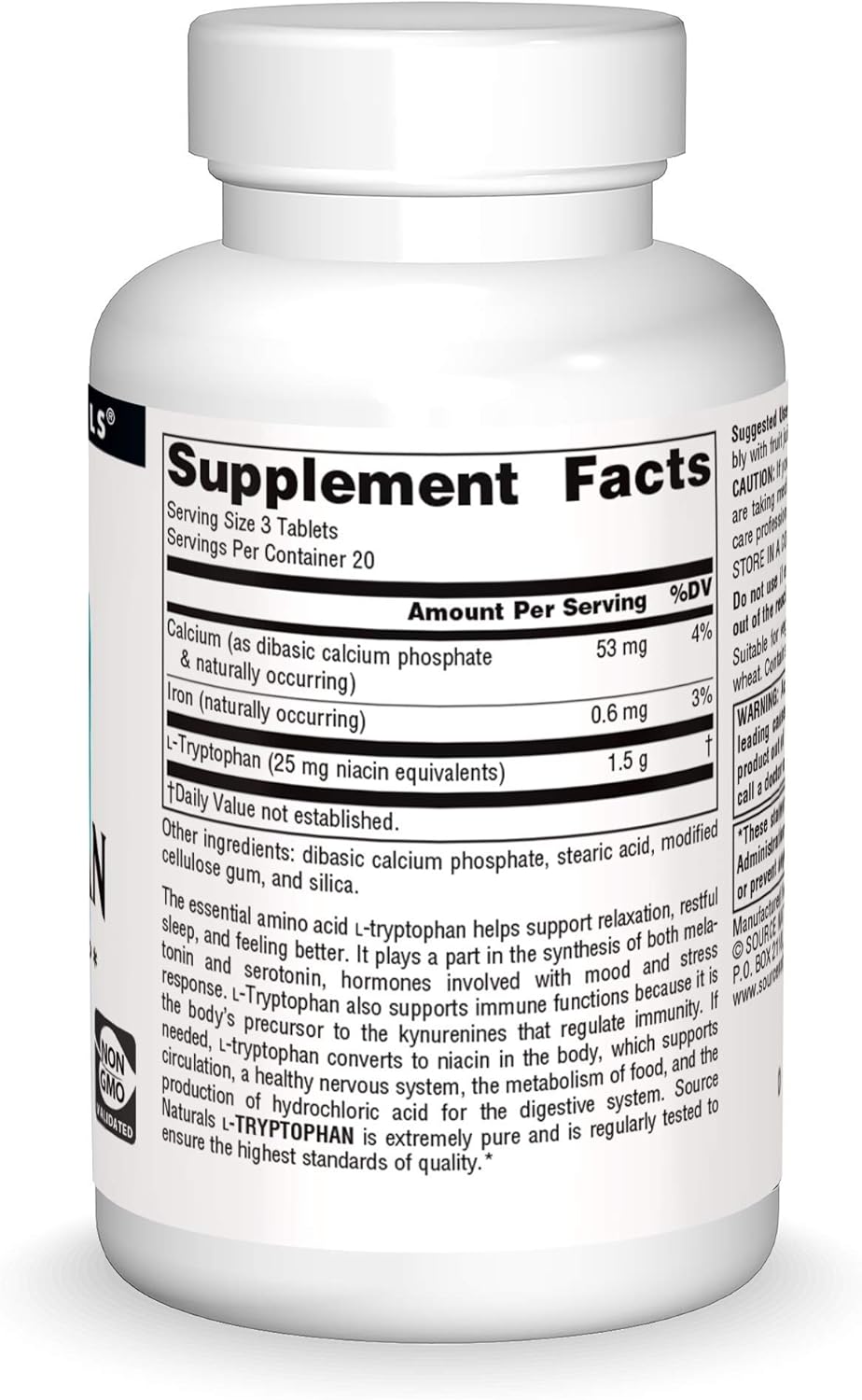 Source Naturals L-Tryptophan Supplement for Mood, Relaxation, and Sleep Support - 500mg - 60 Tablets