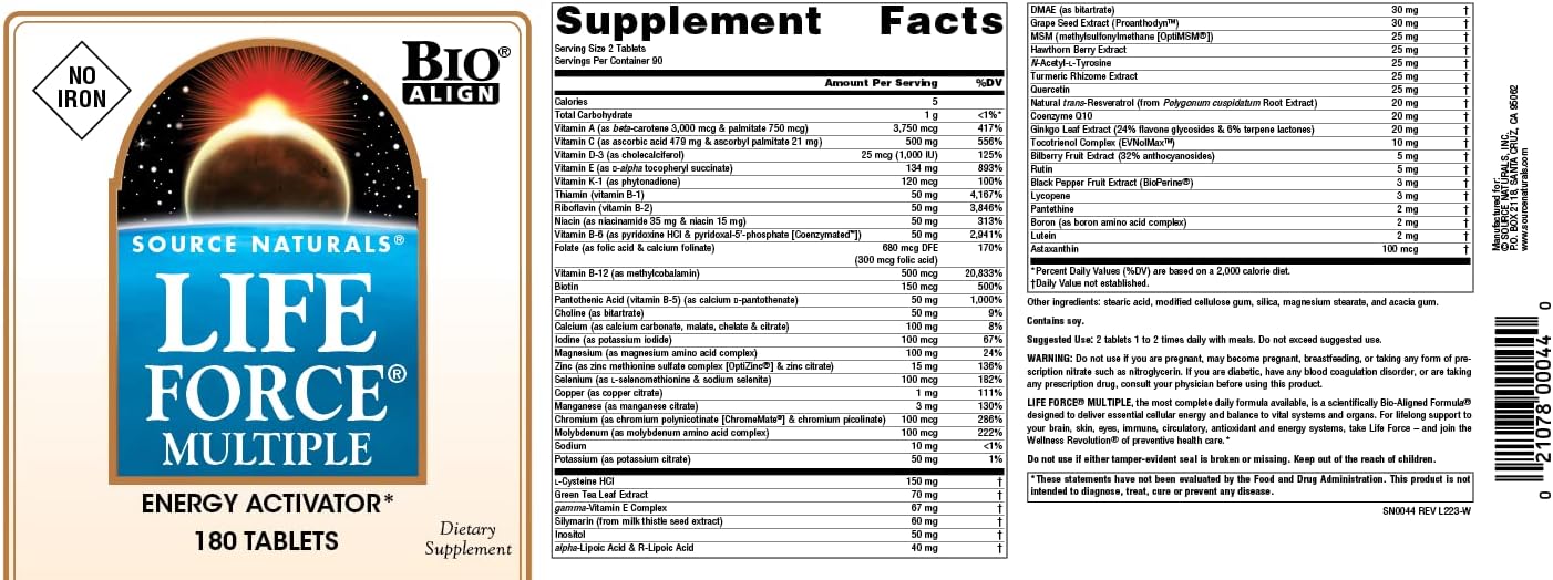 Source Naturals Life Force Multiple Energy Activator 180 Tablets Iron-Free Formula