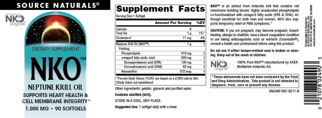 Source Naturals NKO Neptune Krill Oil 1000mg Softgels - Heart Health and Cell Membrane Support - 90 Count