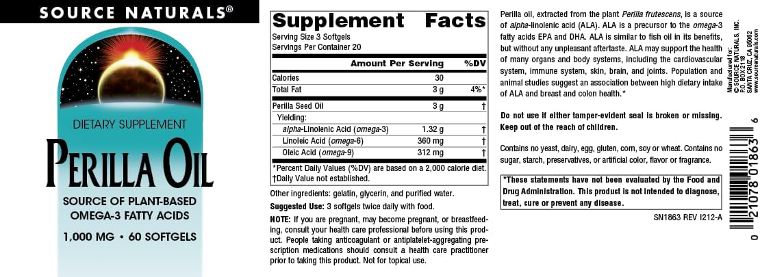 Source Naturals Perilla Oil Softgels - 1000mg Plant-Based Omega-3 Fatty Acids - 60 Count