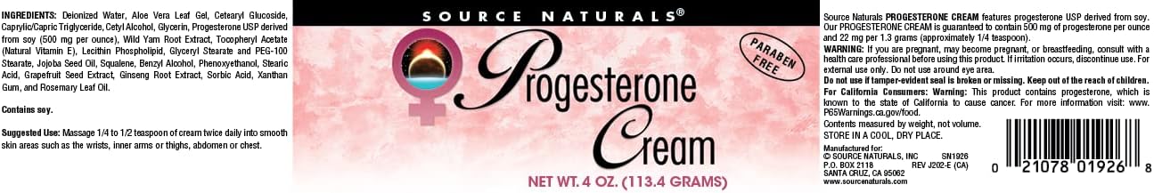 Source Naturals Progesterone Cream - Natural Women's Health Support - Paraben-Free Formula - 4 oz Jar