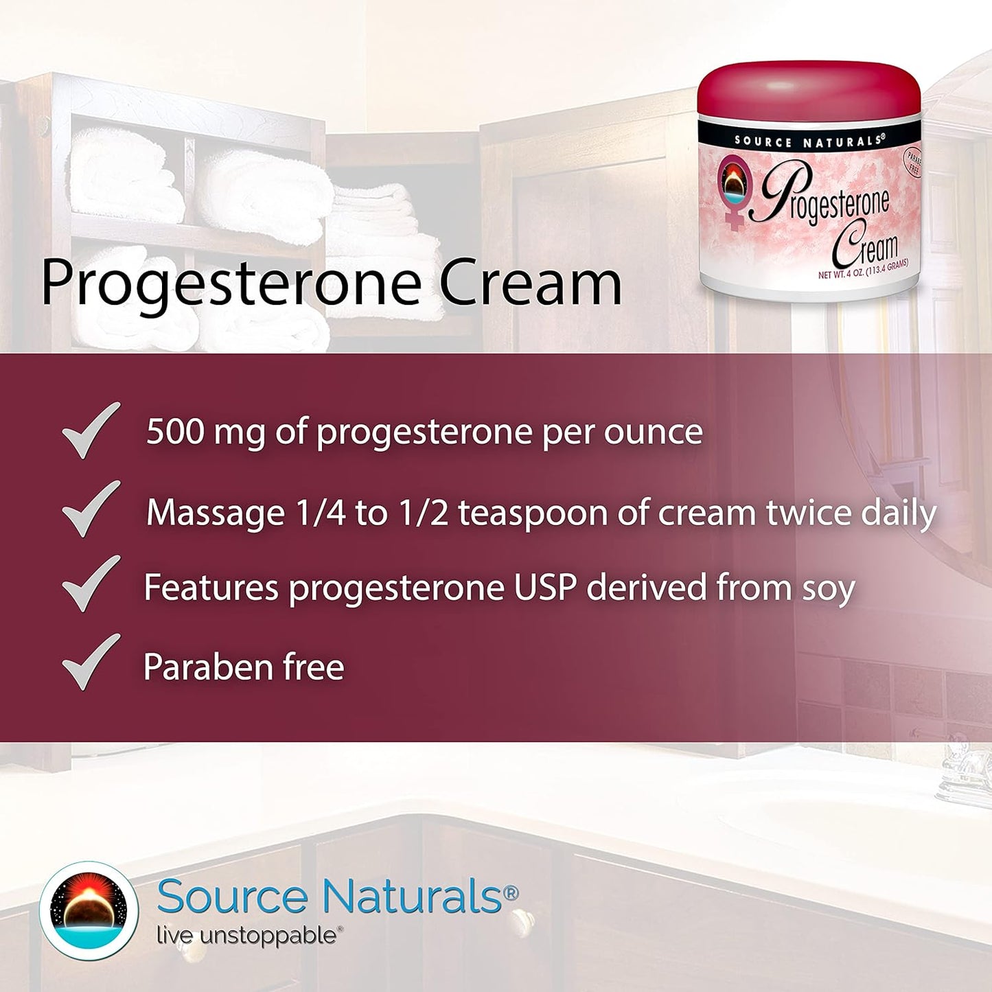 Source Naturals Progesterone Cream - Natural Women's Health Support - Paraben-Free Formula - 4 oz Jar