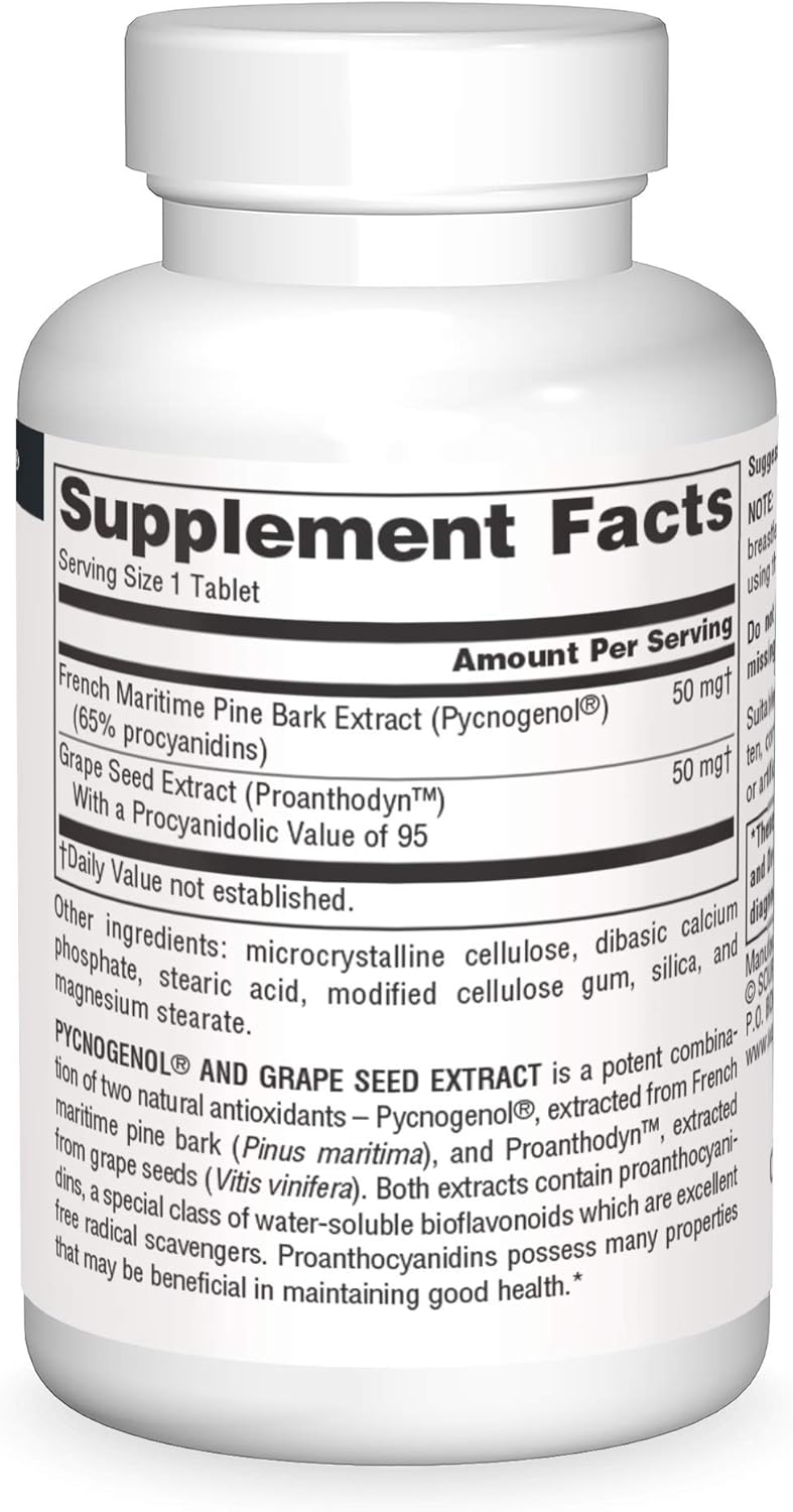 Source Naturals Pycnogenol and Grape Seed Extract 100mg Supplement - 60 Tablets for Antioxidant Support