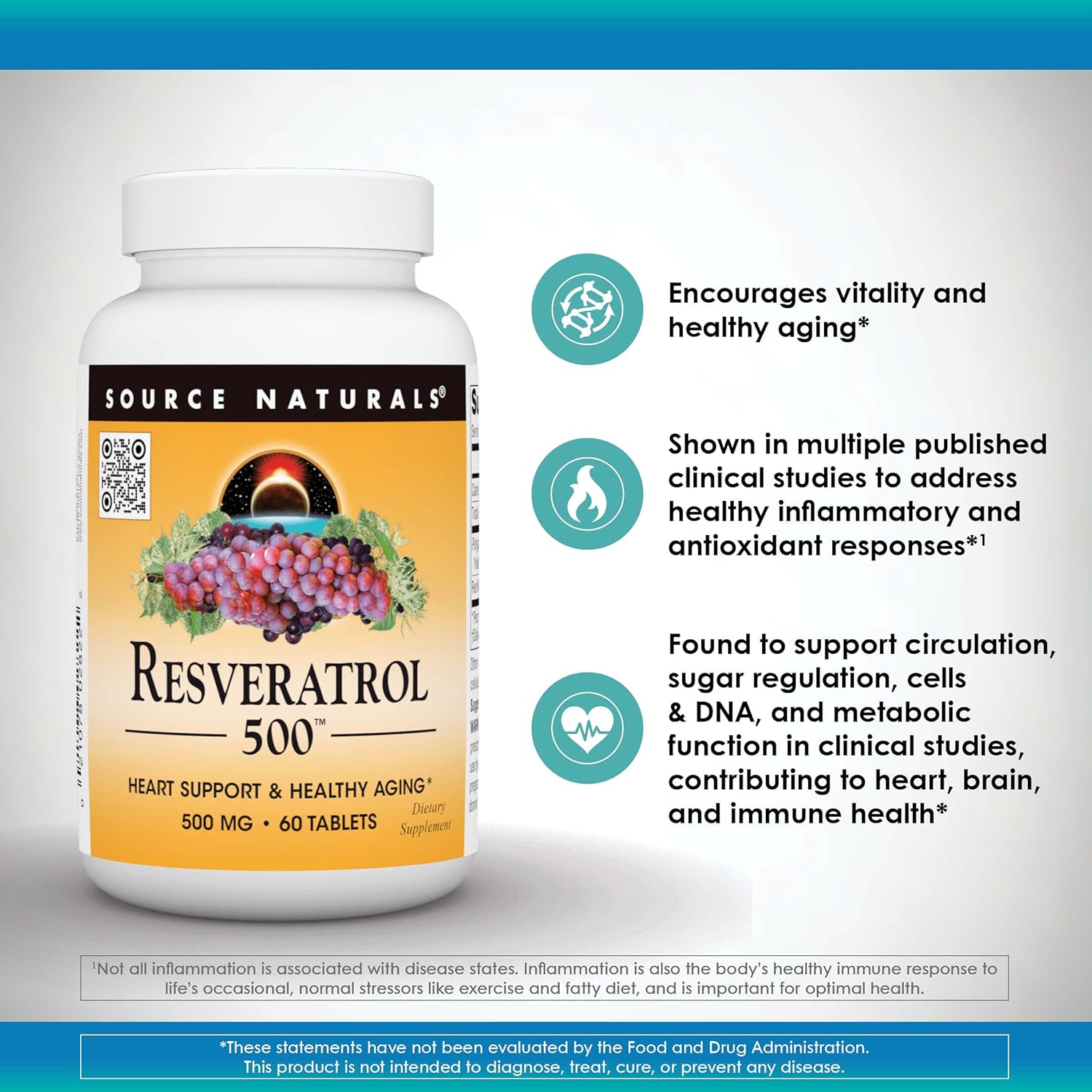 Source Naturals Resveratrol 500 mg Tablets for Heart Support and Healthy Aging - 120 Count