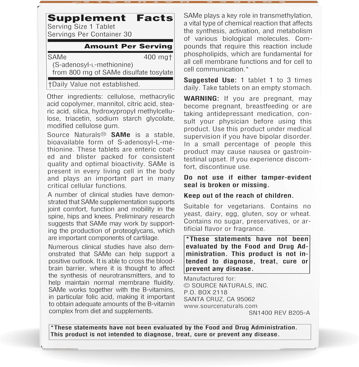 Source Naturals Same 400mg - 30 Enteric Coated Tablets for Joint Comfort Support