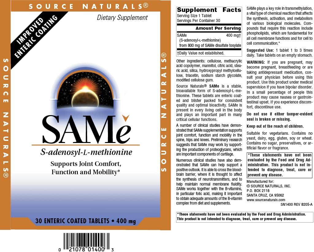 Source Naturals Same 400mg - 30 Enteric Coated Tablets for Joint Comfort Support