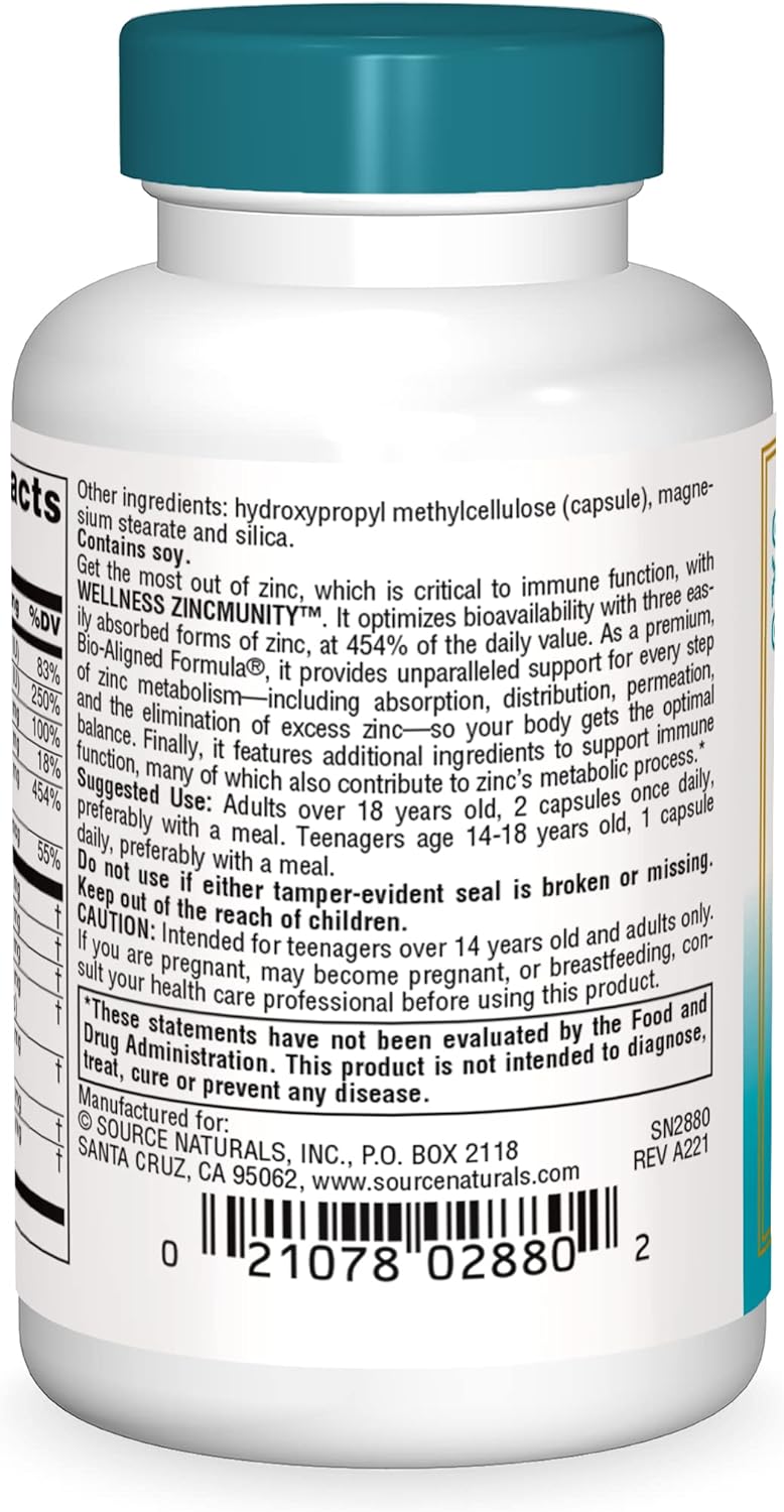 Source Naturals Wellness ZincMunity Capsules - 50 mg Zinc for Immune Health - Vegetarian Formula - Supports Absorption, Metabolism, and Utilization
