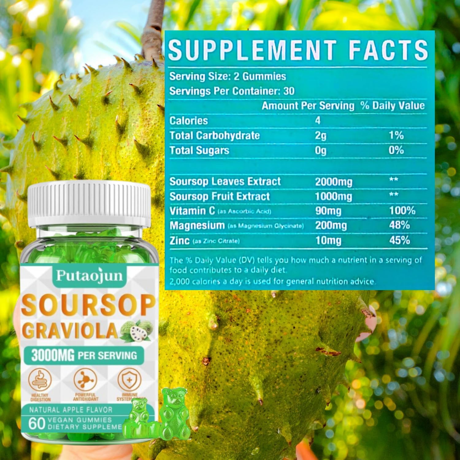 Soursop Graviola Extract 2000 MG Gummies for Adults - Non-GMO & Vegan Friendly - Soursop Leaves & Fruit Blend, 60 Count