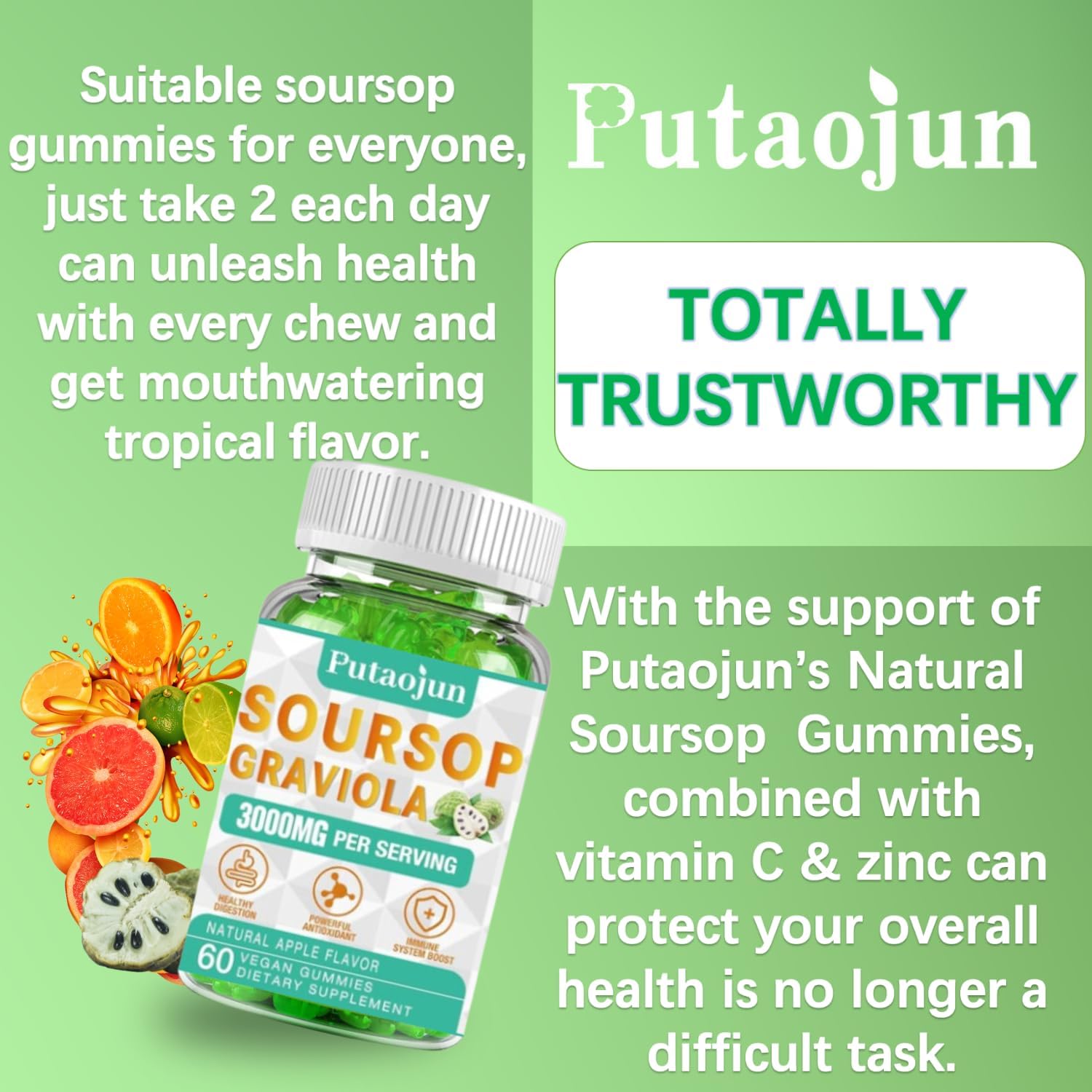 Soursop Graviola Extract 2000 MG Gummies for Adults - Non-GMO & Vegan Friendly - Soursop Leaves & Fruit Blend, 60 Count