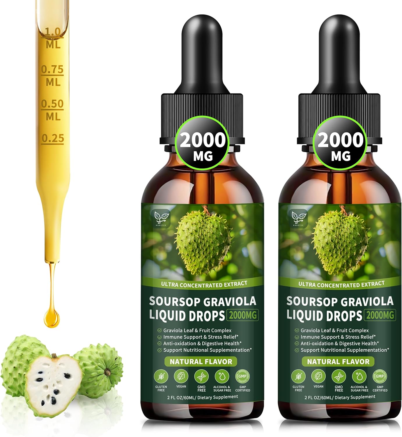 Soursop Graviola Liquid Drops 2000mg (2 Pack), High Absorption Cell Support & Regeneration, Immune Boost - Liver Health, Herbal Goodness - Natural Flavor, Liquid-Sugar/Gluten Free - 4 Fl Oz