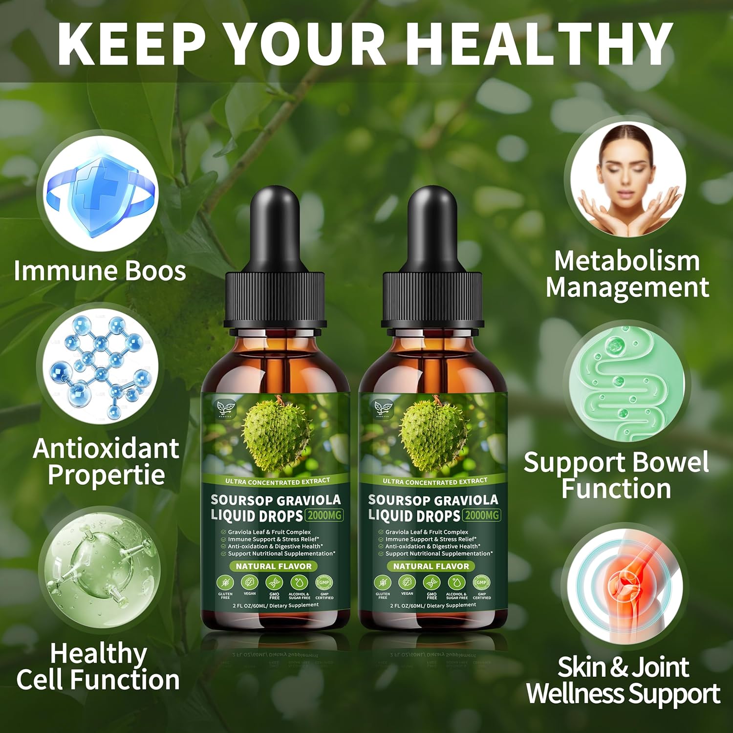 Soursop Graviola Liquid Drops 2000mg (2 Pack), High Absorption Cell Support & Regeneration, Immune Boost - Liver Health, Herbal Goodness - Natural Flavor, Liquid-Sugar/Gluten Free - 4 Fl Oz