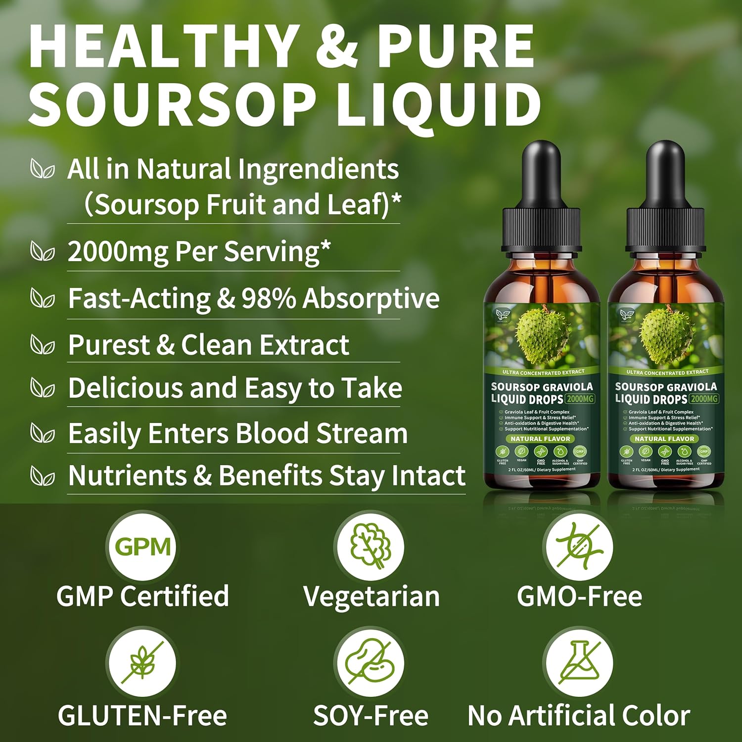 Soursop Graviola Liquid Drops 2000mg (2 Pack), High Absorption Cell Support & Regeneration, Immune Boost - Liver Health, Herbal Goodness - Natural Flavor, Liquid-Sugar/Gluten Free - 4 Fl Oz
