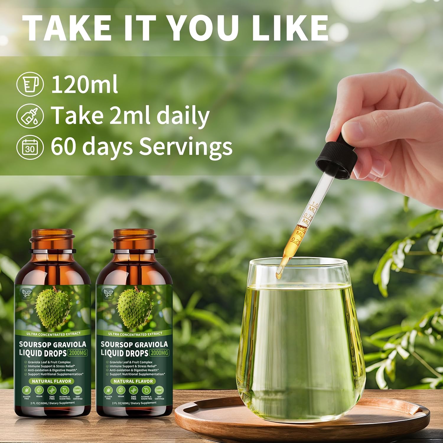 Soursop Graviola Liquid Drops 2000mg (2 Pack), High Absorption Cell Support & Regeneration, Immune Boost - Liver Health, Herbal Goodness - Natural Flavor, Liquid-Sugar/Gluten Free - 4 Fl Oz