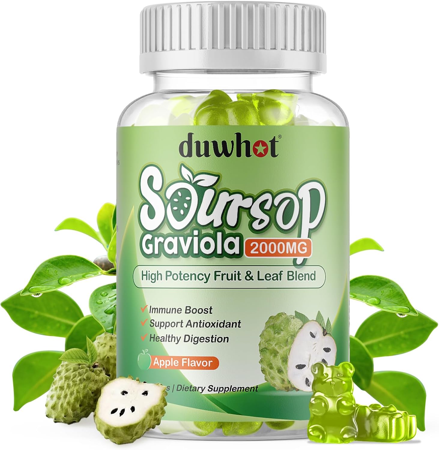 Soursop Gummies 2000MG with Leaf & Fruit Extract, Immune Support, Antioxidant, Digestive Aid - Vegan, 60 Count