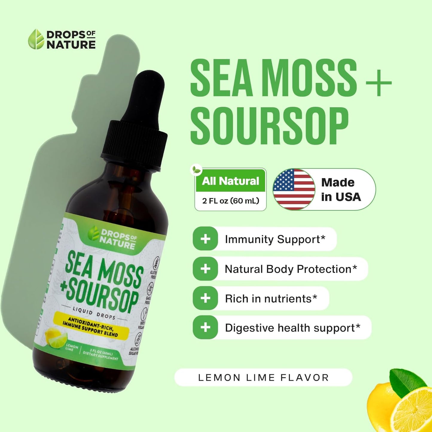 Soursop Liquid Drops with Sea Moss Supplement - Vegan & Highly Concentrated - Hydrating & Immune Support - Lemon Lime Flavor, 60mL