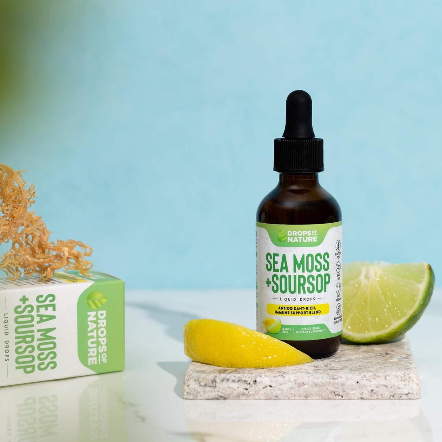 Soursop Liquid Drops with Sea Moss Supplement - Vegan & Highly Concentrated - Hydrating & Immune Support - Lemon Lime Flavor, 60mL