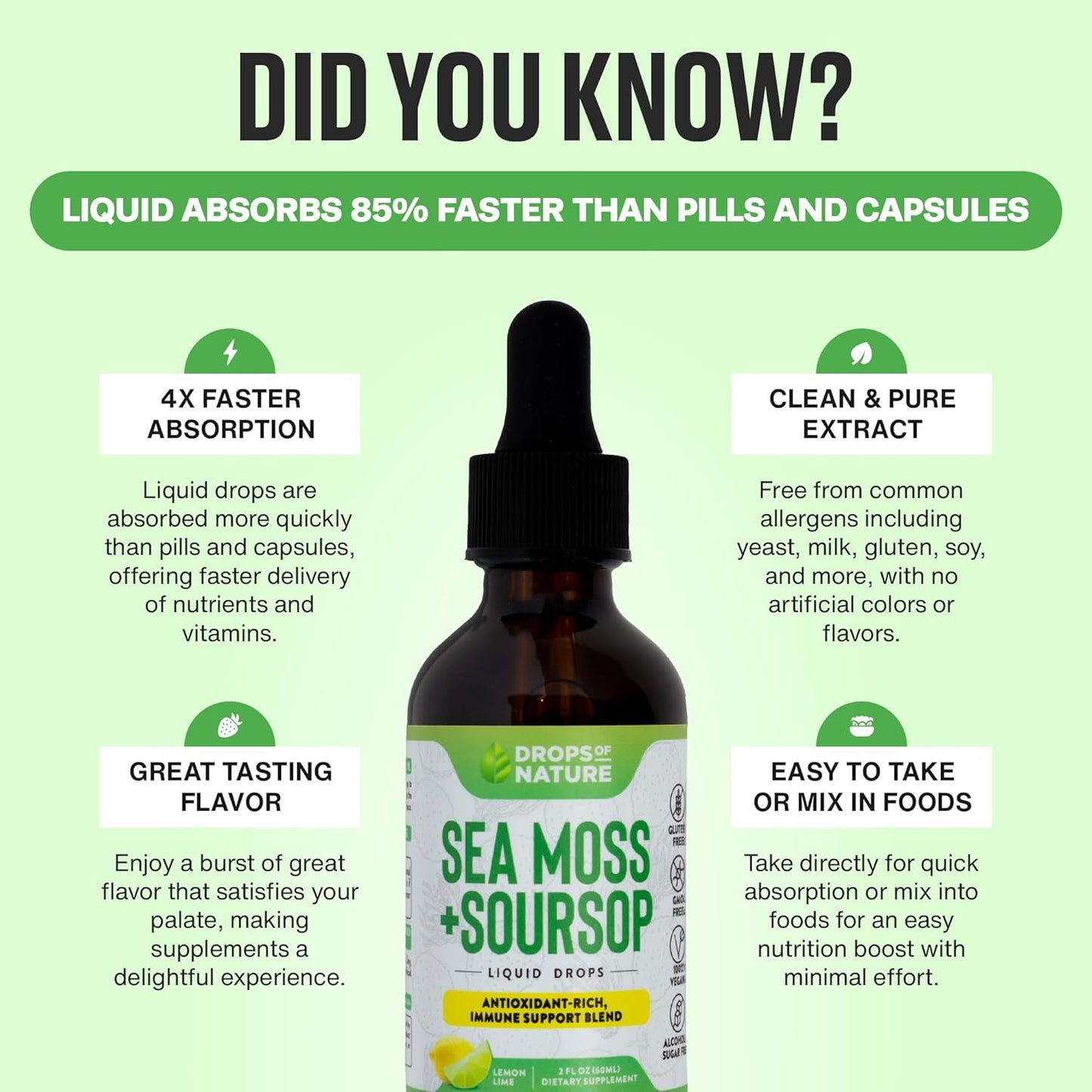 Soursop Liquid Drops with Sea Moss Supplement - Vegan & Highly Concentrated - Hydrating & Immune Support - Lemon Lime Flavor, 60mL