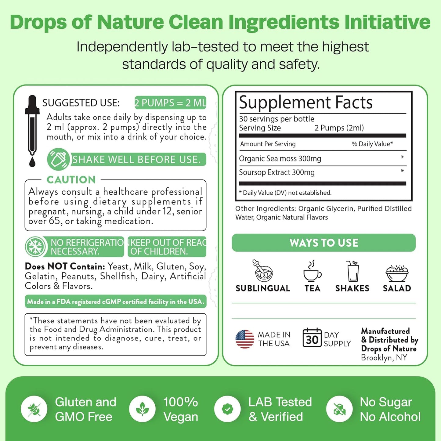 Soursop Liquid Drops with Sea Moss Supplement - Vegan & Highly Concentrated - Hydrating & Immune Support - Lemon Lime Flavor, 60mL