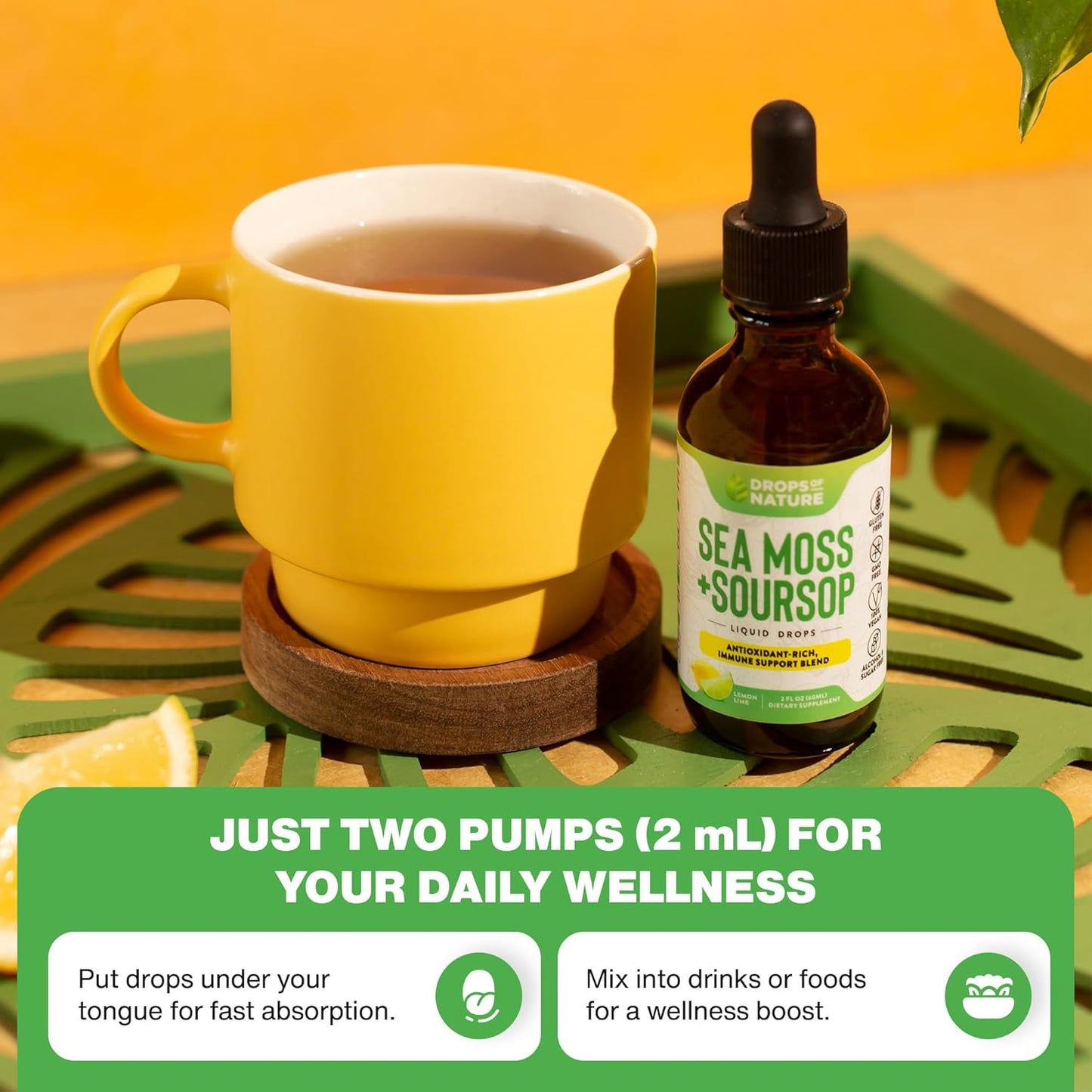Soursop Liquid Drops with Sea Moss Supplement - Vegan & Highly Concentrated - Hydrating & Immune Support - Lemon Lime Flavor, 60mL