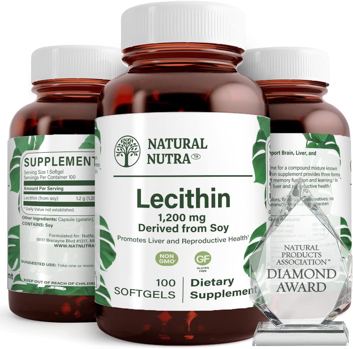 Soy Lecithin 1200mg Supplement for Brain, Liver & Breast Health - Memory Booster - Gluten-Free, BPA-Free - 100 Softgels in Glass Bottle