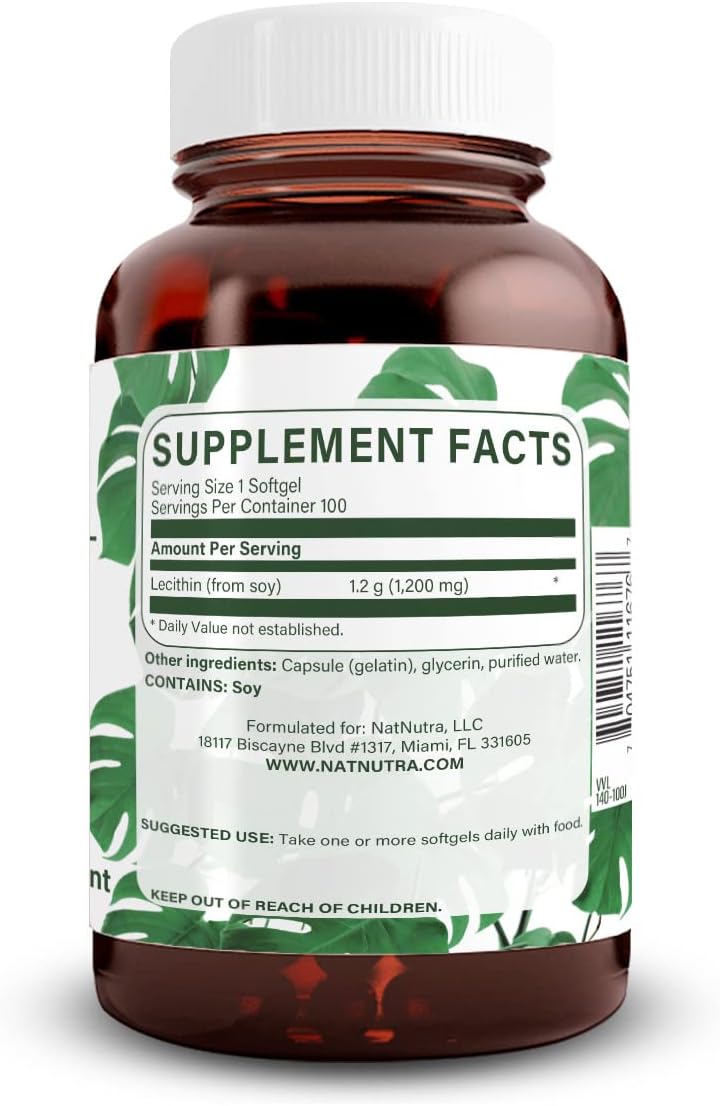 Soy Lecithin 1200mg Supplement for Brain, Liver & Breast Health - Memory Booster - Gluten-Free, BPA-Free - 100 Softgels in Glass Bottle