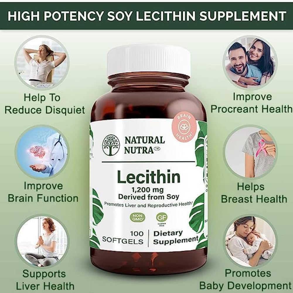 Soy Lecithin 1200mg Supplement for Brain, Liver & Breast Health - Memory Booster - Gluten-Free, BPA-Free - 100 Softgels in Glass Bottle