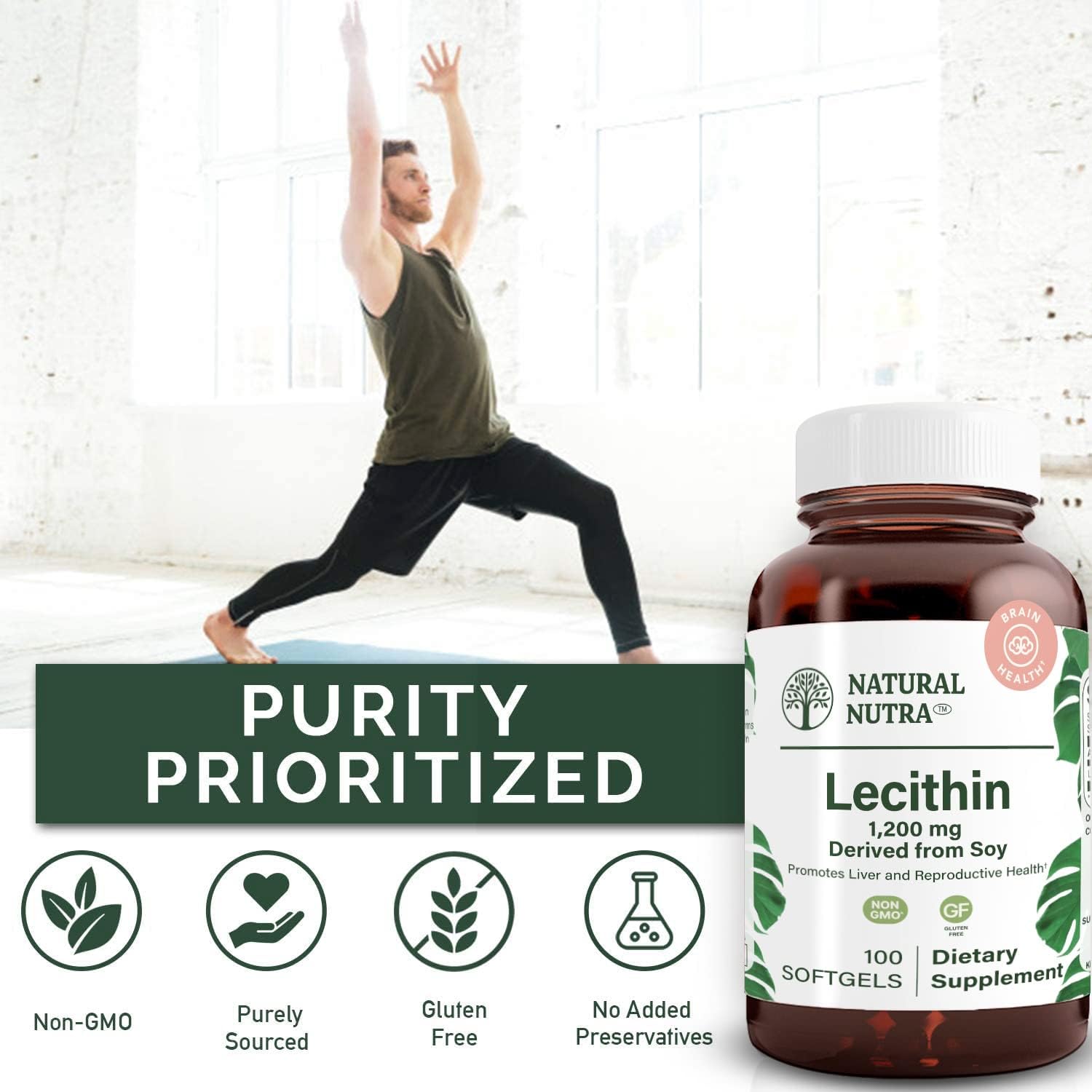 Soy Lecithin 1200mg Supplement for Brain, Liver & Breast Health - Memory Booster - Gluten-Free, BPA-Free - 100 Softgels in Glass Bottle