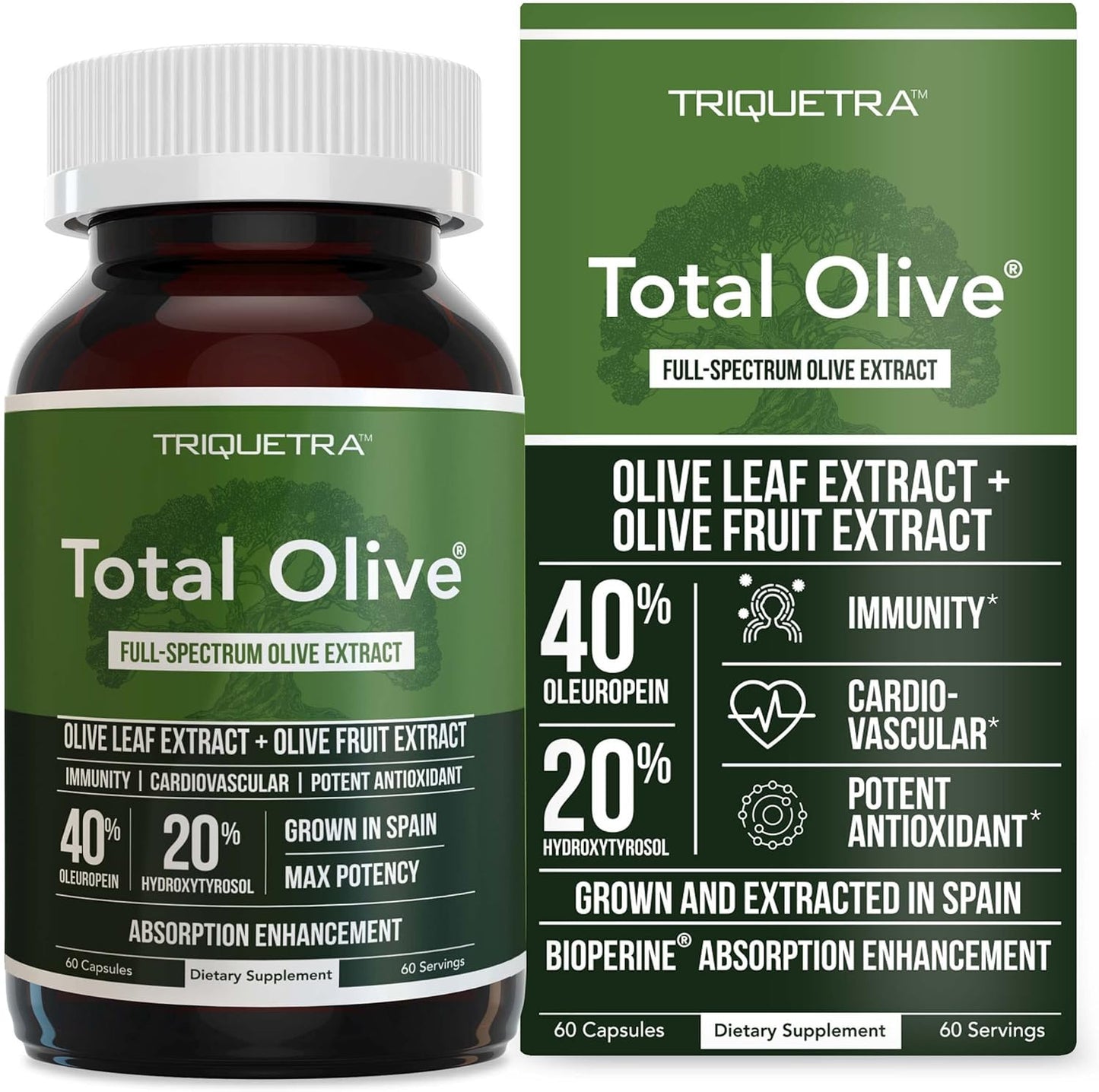 Spanish Grown Total Olive® Extract with Oleuropein & Hydroxytyrosol - Full Spectrum Olive Leaf & Fruit Extract with BioPerine (60ct)
