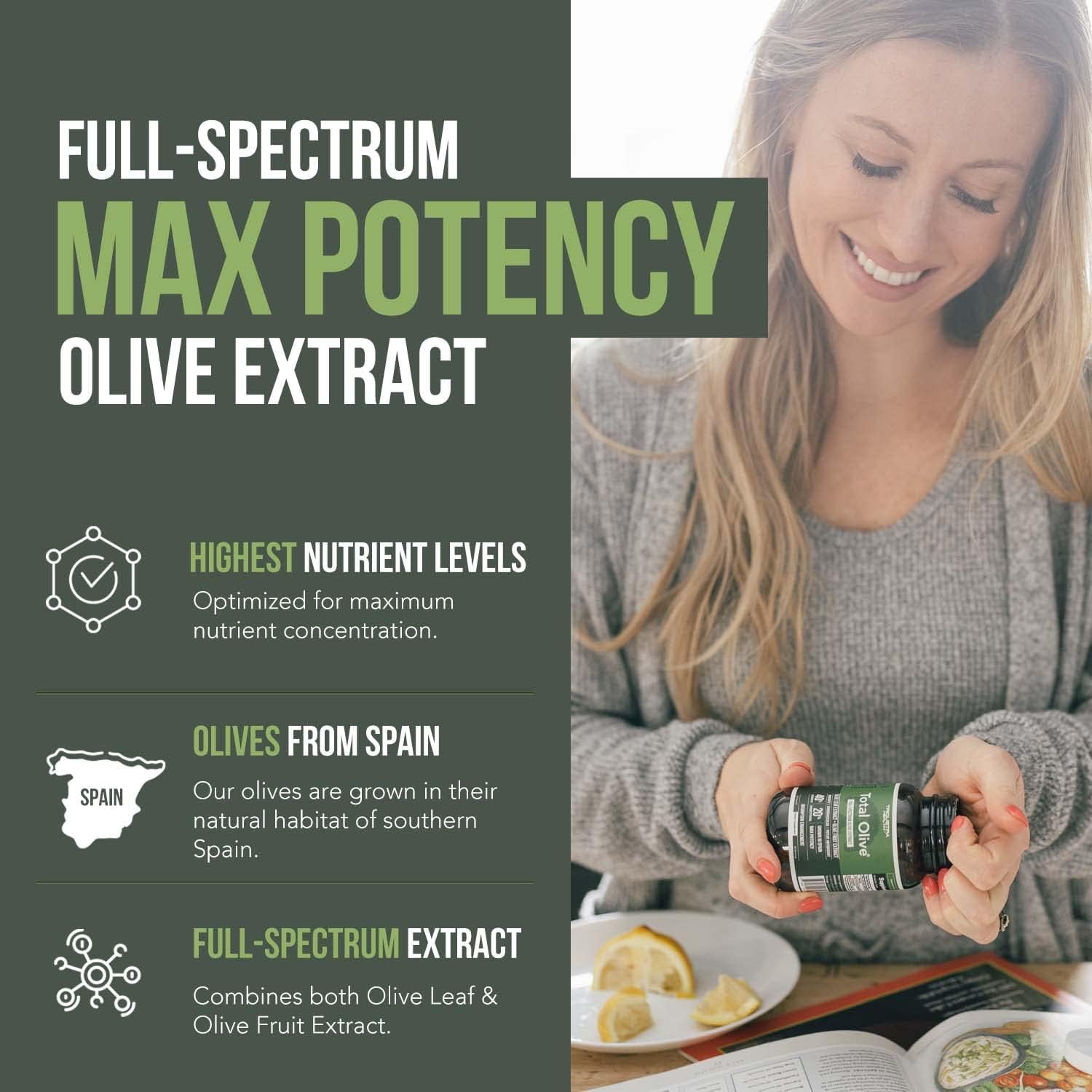 Spanish Grown Total Olive® Extract with Oleuropein & Hydroxytyrosol - Full Spectrum Olive Leaf & Fruit Extract with BioPerine (60ct)