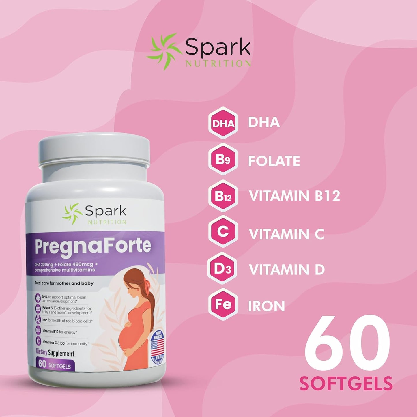 Spark Nutrition Pregnaforte Prenatal Vitamins - 2 Month Supply with Essential Nutrients for Women - Folic Acid, Omega 3, Vitamin D, B6, B12, C, E, Calcium, Iron, Magnesium, Zinc - FSA/HSA Eligible