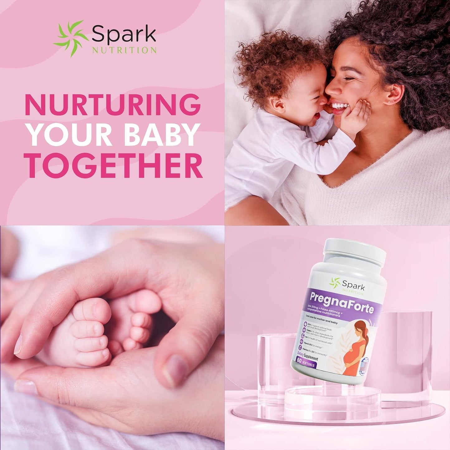Spark Nutrition Pregnaforte Prenatal Vitamins - 2 Month Supply with Essential Nutrients for Women - Folic Acid, Omega 3, Vitamin D, B6, B12, C, E, Calcium, Iron, Magnesium, Zinc - FSA/HSA Eligible