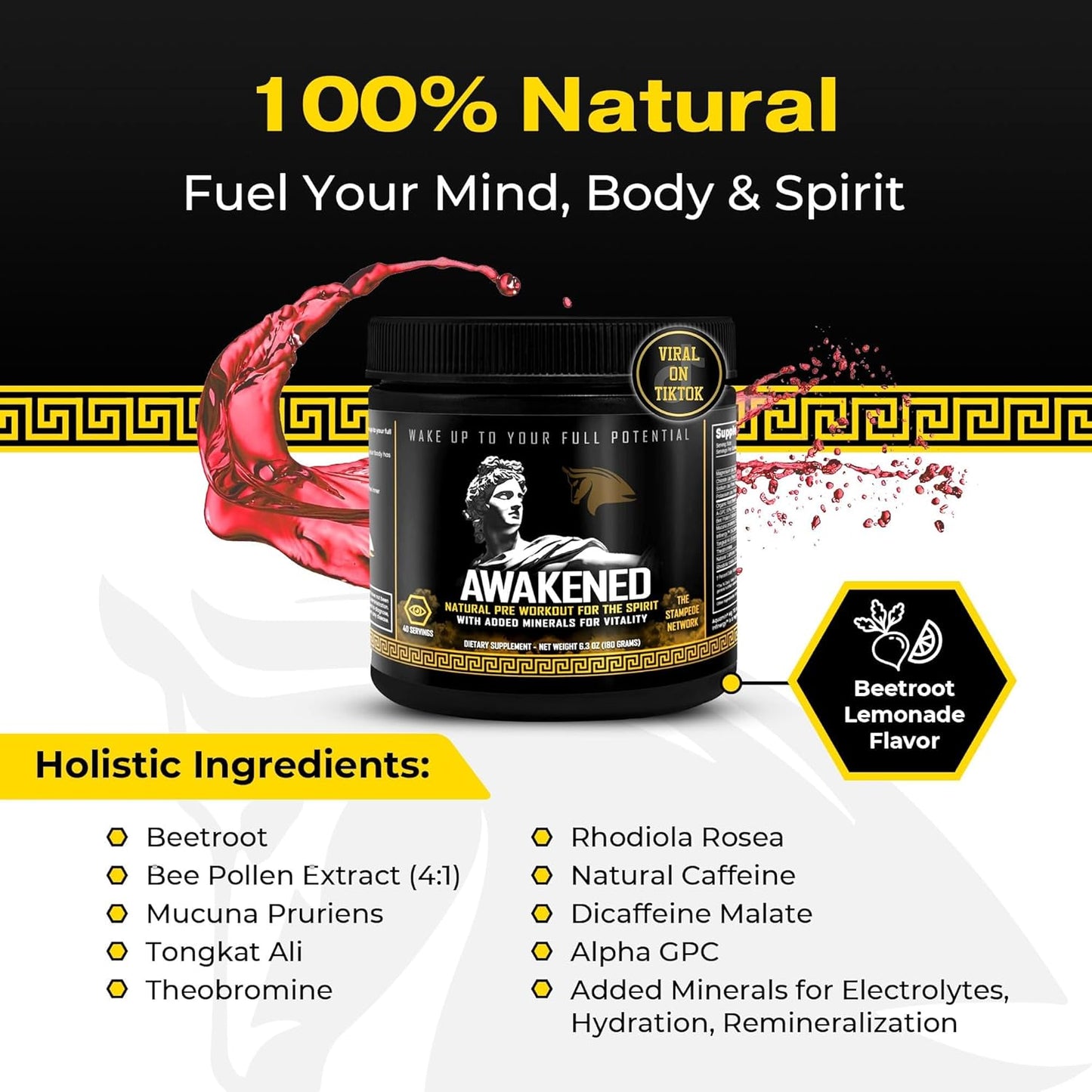 Spartan Bee Bread Brand Natural Pre Workout Powder with 12-in-1 Formula for Conscious Energy Boost - Bee Pollen + N.O. Booster - Mucuna Pruriens, Tongkat Ali, Rhodiola - 40 Servings