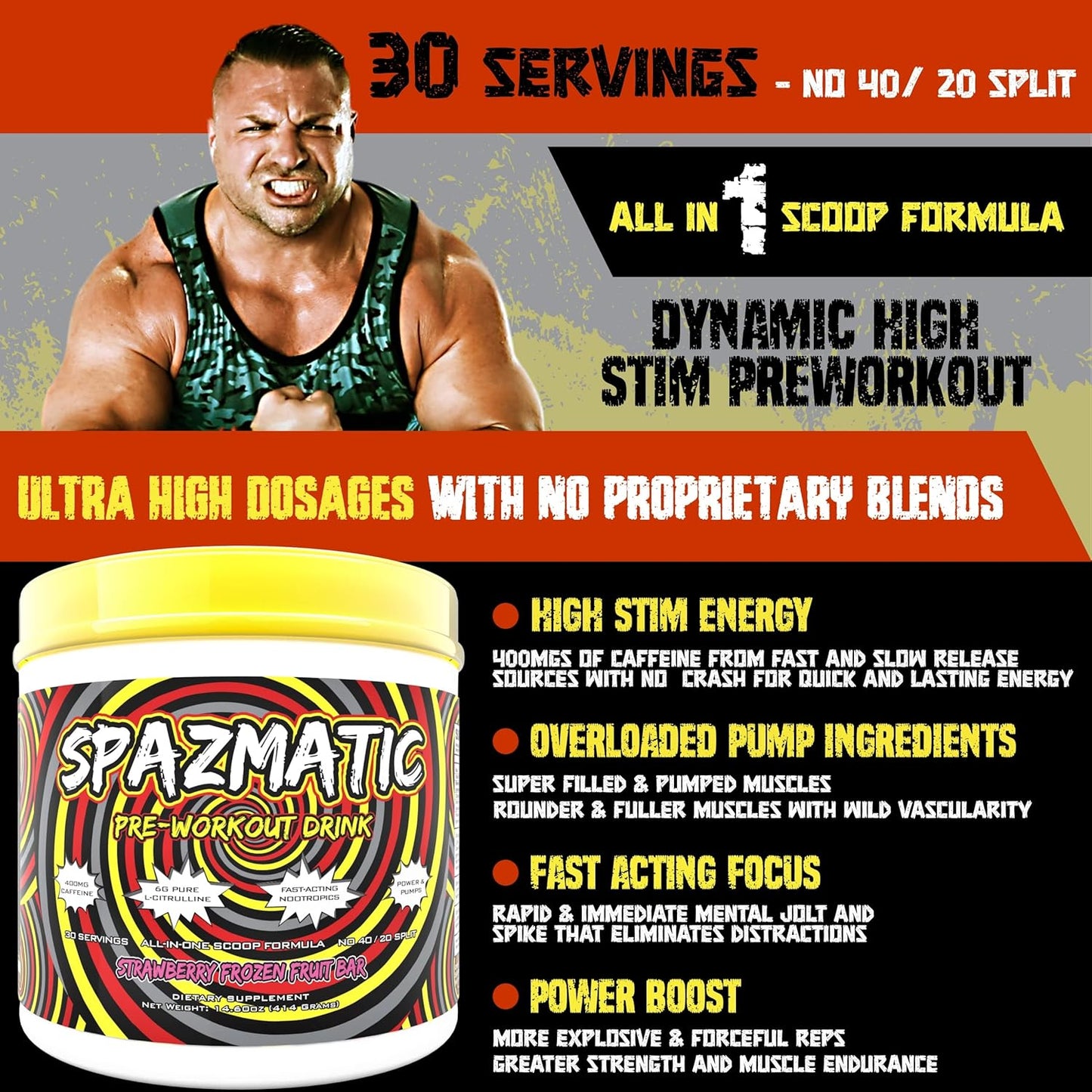 Spazmatic Pre-Workout Powder with 400mg Caffeine - Muscle Pumping Formula - Fast Acting Focus - 30 Servings