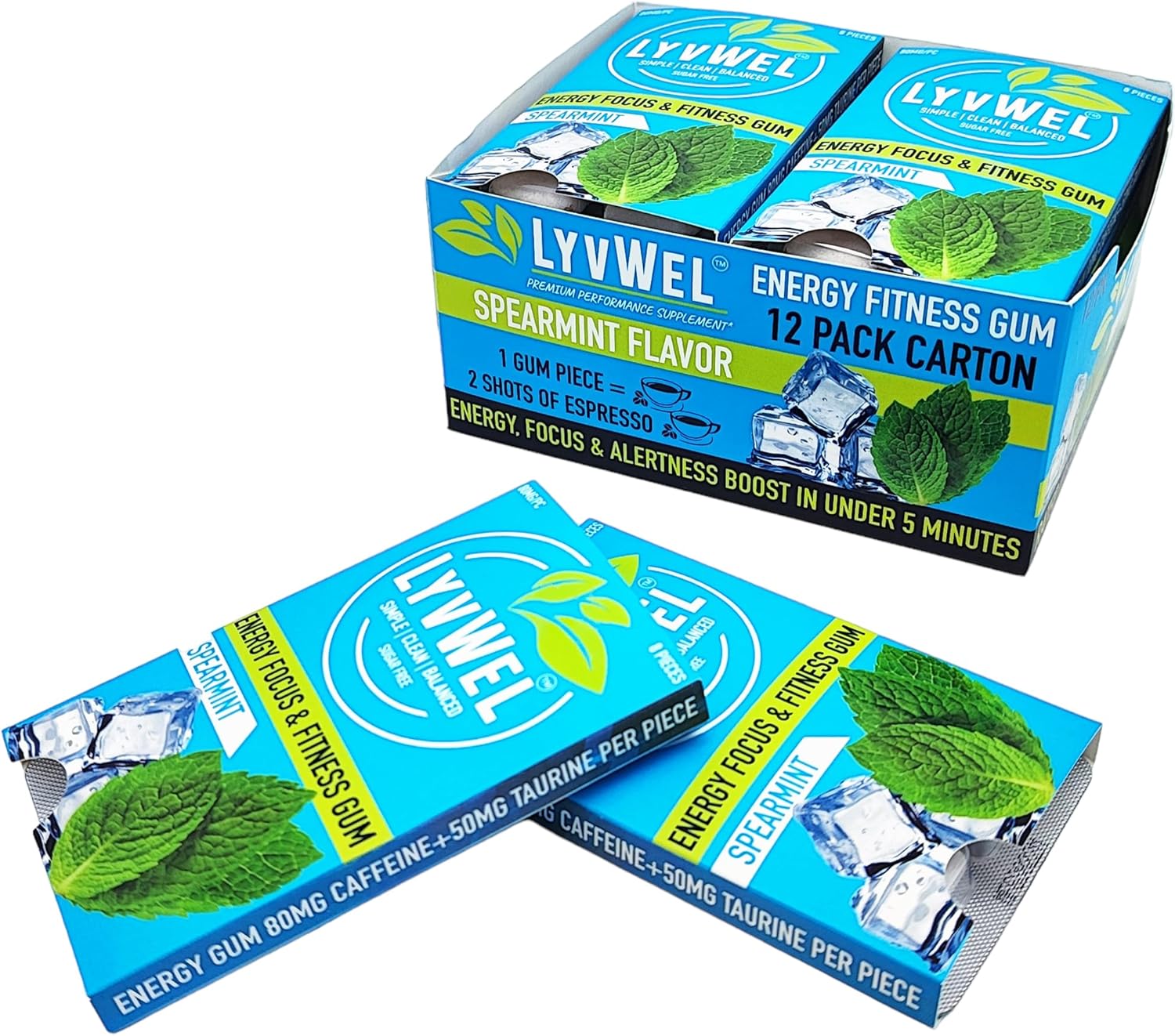 Spearmint Lyvwel Energy Gum: Sugar-Free Pre-Workout Boost with 80mg Caffeine and 50mg Taurine - All Natural Energy Supplement for Staying Awake (12 Pack)